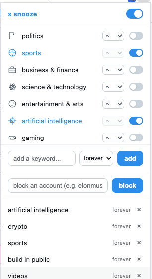 rohitcbuilds's tweet photo. built a extension for myself to snooze content from my timeline. https://t.co/mGrmH9zEjy