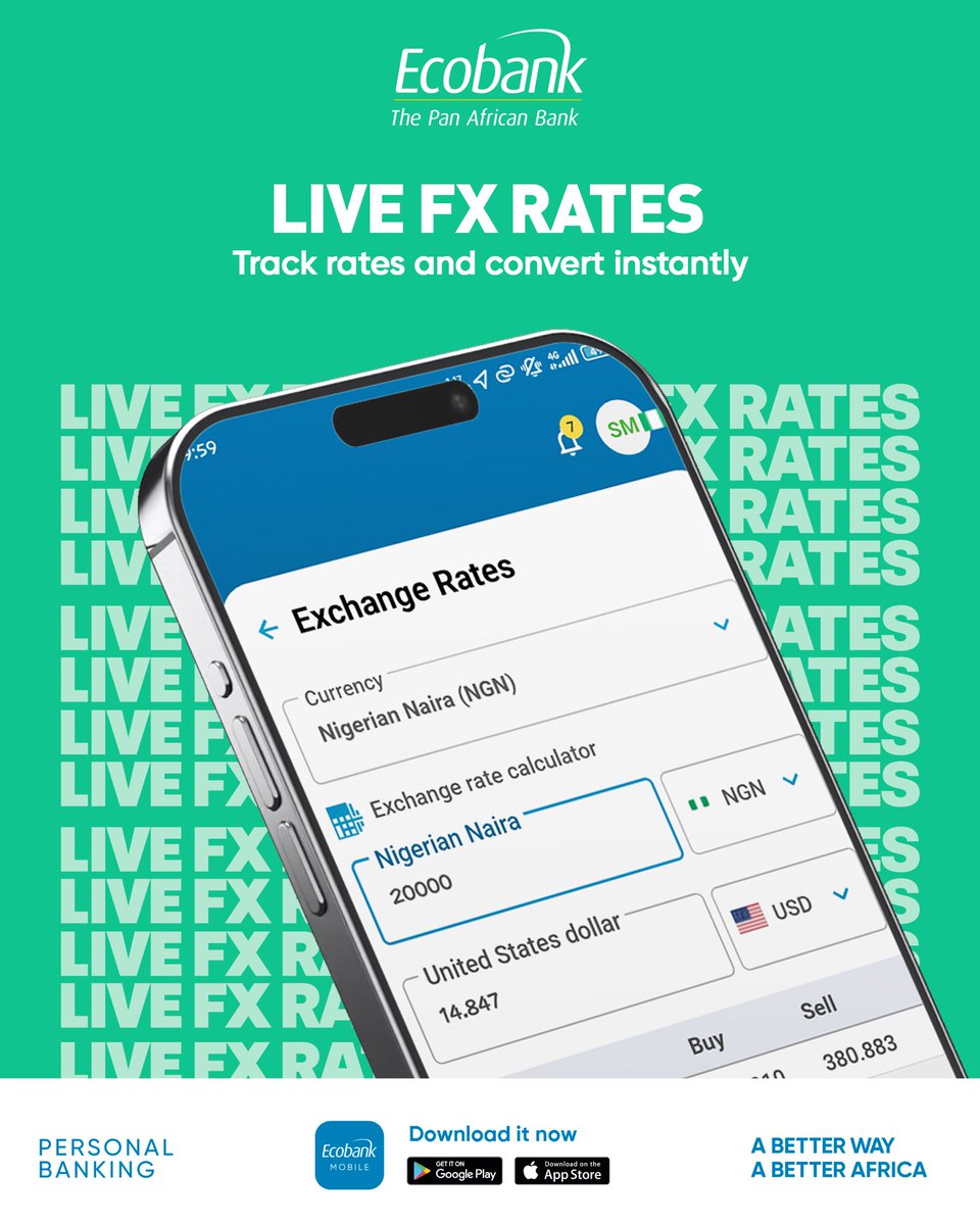 ecobank_nigeria's tweet photo. Borders shouldn't limit your banking.
Get real-time FX rates and instant conversions at your fingertips.
Download the Ecobank Mobile App today.
#MakeTheMove #BankYourWay #EcobankMobileApp https://t.co/WEQ6V9thUT
