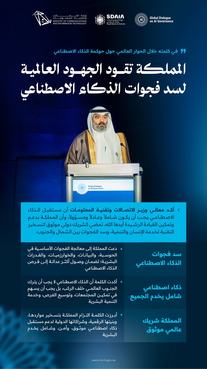 McitGovSa's tweet photo. في كلمته خلال الحوار العالمي حول حوكمة الذكاء الاصطناعي؛ أكد معالي وزير الاتصالات وتقنية المعلومات، أن المملكة تمضي كشريك عالمي موثوق لسد فجوات الذكاء الاصطناعي، وتعزيز حوكمة شاملة ومسؤولة تُسخّر التقنية لخدمة الإنسان والتنمية.
#المملكة_في_حوكمة_الذكاء_الاصطناعي
#AiDialogue https://t.co/qmj3A9coNt