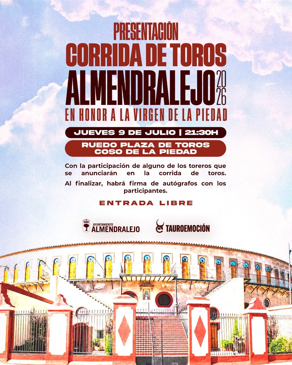 TauroemocionExt's tweet photo. ⏳⏳ ¡𝗖𝗨𝗘𝗡𝗧𝗔 𝗔𝗧𝗥𝗔́𝗦! El próximo jueves, 9 de julio, conoceremos el cartel de la corrida de toros de 𝗔𝗟𝗠𝗘𝗡𝗗𝗥𝗔𝗟𝗘𝗝𝗢.

👉🏻 Será en el ruedo del 𝗖𝗼𝘀𝗼 𝗱𝗲 𝗹𝗮 𝗣𝗶𝗲𝗱𝗮𝗱 a las 21:30 h. 

¡𝗘𝗦𝗧𝗔́𝗦 𝗜𝗡𝗩𝗜𝗧𝗔𝗗𝗢! 💥🤟🏻🔜 https://t.co/DbW9xEE0FT