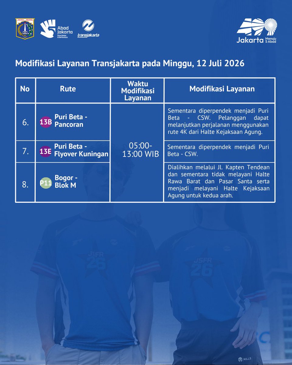 PT_Transjakarta's tweet photo. Sahabat TiJe, pada 12 Juli 2026 akan dilakukan modifikasi layanan Transjakarta terkait rekayasa lalu lintas untuk Jakarta Sky Fun Run 2026.

Simak info selengkapnya pada gambar di bawah ini. Jangan lupa unduh aplikasi TJ:Transjakarta untuk memudahkan perjalananmu bersama layanan Transjakarta. 

Ayo naik Transjakarta!