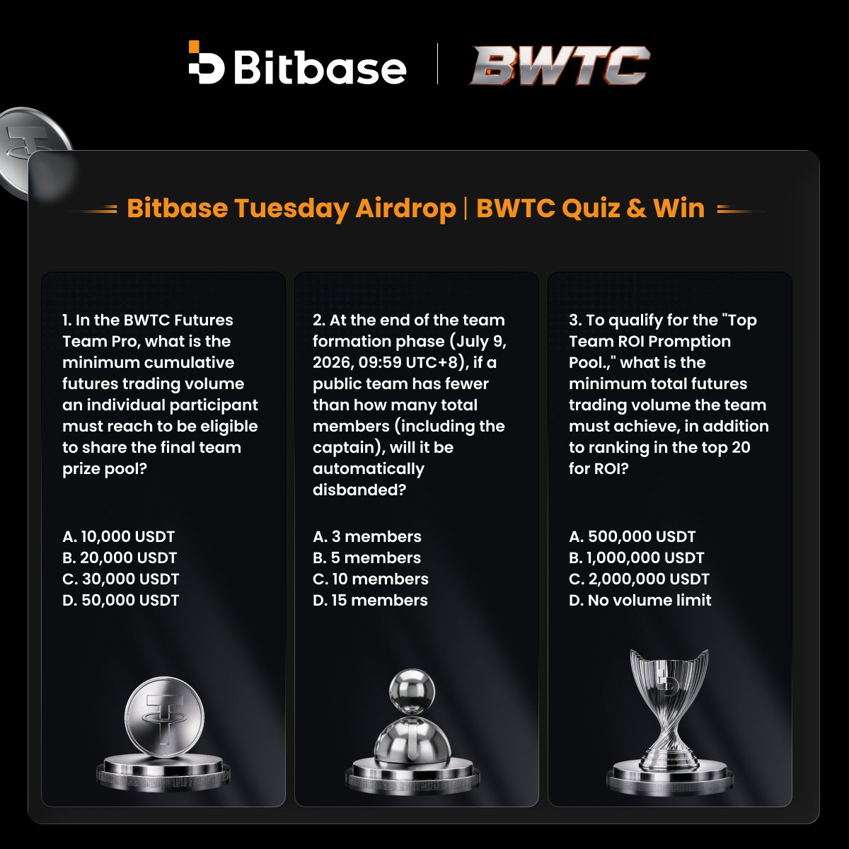 Bitbase_Ex's tweet photo. ⚽️ #BitbaseTuesdayAirdrop | BWTC Quiz & Win

📌 To Enter: Follow + Like/RT + Tag 3 friends, and leave your answers in the comments.

🎁 Reward: 3 random participants with all correct answers will score a $20 Futures Bonus!

Deadline: July 9, 10:00 (UTC+8)

#Bitbase #BWTC #Giveaway