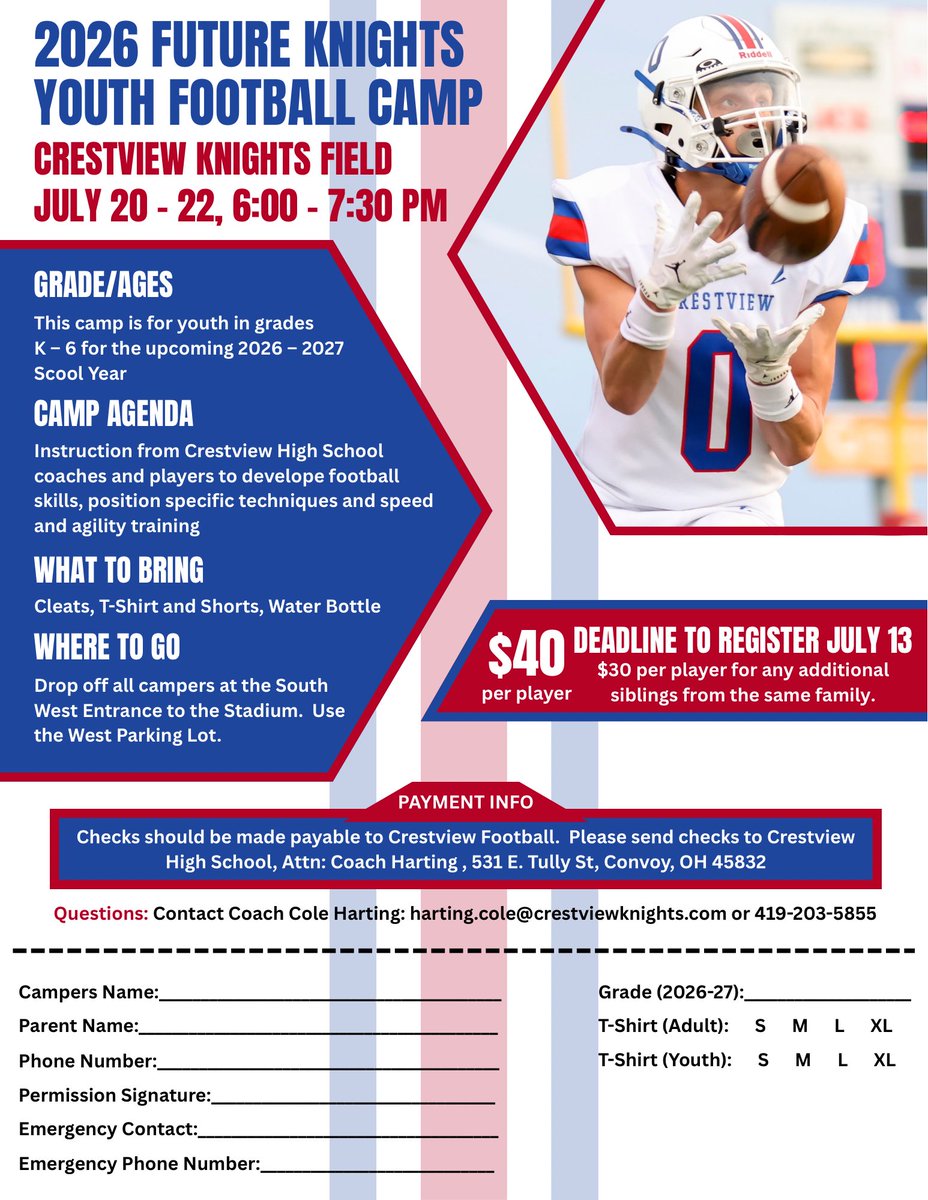 CrestviewFB's tweet photo. We are two weeks out from our annual youth camp.  Still plenty of time to register.  We can’t wait to see all of those future Knights. https://t.co/JatWVUJLmf