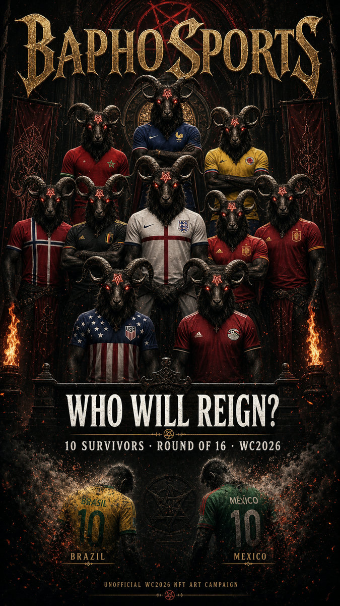 BaphomeNFT's tweet photo. 🐐 The Goat's judgment is absolute.

💀 Fallen today: Brazil, Mexico.

10 nations remain standing before the unholy tribunal. Each match a ritual. Each defeat an offering. The golden trophy belongs to the worthy.

🇫🇷 🇲🇦 🇨🇴 🇳🇴 🏴󠁧󠁢󠁥󠁮󠁧󠁿 🇧🇪 🇺🇸 🇵🇹 🇪🇸 🇪🇬

⚔️ Round of 16 — #WorldCup2026
#BaphoSports #Baphomet #NFT #NFTArt #DarkArt #BaphomeNFT #FIFAWorldCup2026