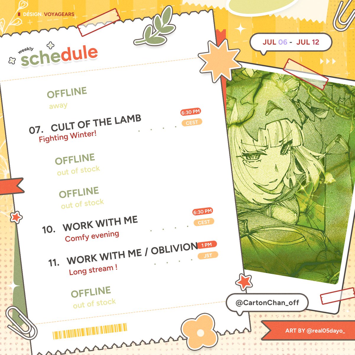 CartonChan_off's tweet photo. Welcome Packu !📦 

A new schedule has just arrived !📬

We continue the Lamb adventures then no Thursday because Friday &amp; Saturday we are in for a treat ! I'll be game developing around while yapping &amp; some Oblivion when tired ! Starting 1 PM on Saturday !

See ya tomorrow !💚 https://t.co/KnHqk8zD3b
