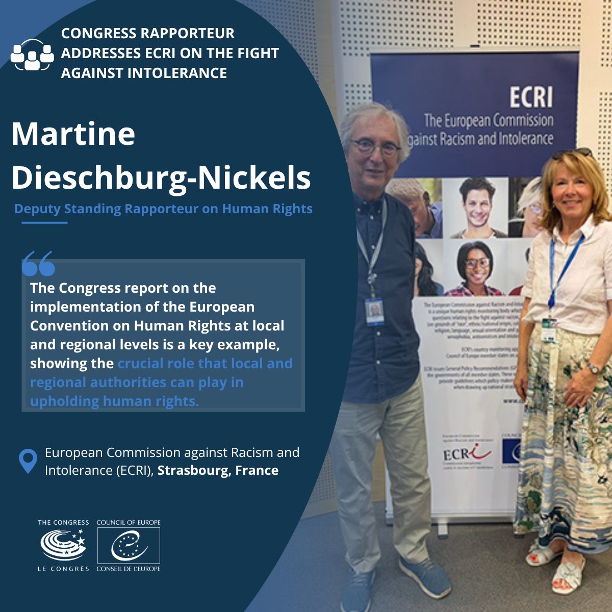 COECongress's tweet photo. 🌍Fighting intolerance starts where people live – in our towns, cities and regions.
At the ECRI in Strasbourg, Congress Rapporteur Me. Dieschburg-Nickels underlined the key role of local &amp; regional authorities in defending human rights.🤝
https://t.co/FrjSrfn5BN
#councilofeurope https://t.co/MhruxQVLUK