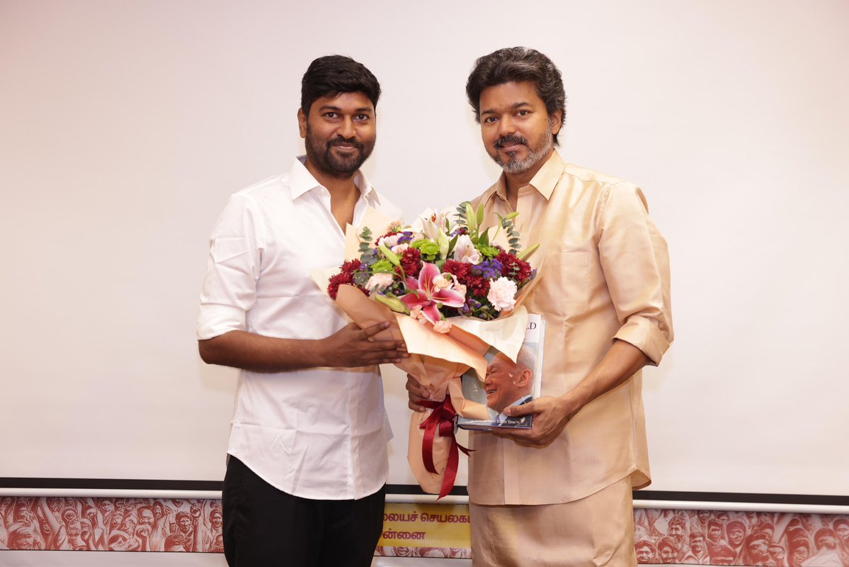 The_Abinesh's tweet photo. Former Minister M.C. Sampath, who recently joined the Tamizhaga Vetri Kazhagam, and his son met with Chief Minister @TVKVijayHQ https://t.co/gd7ba8mfPX