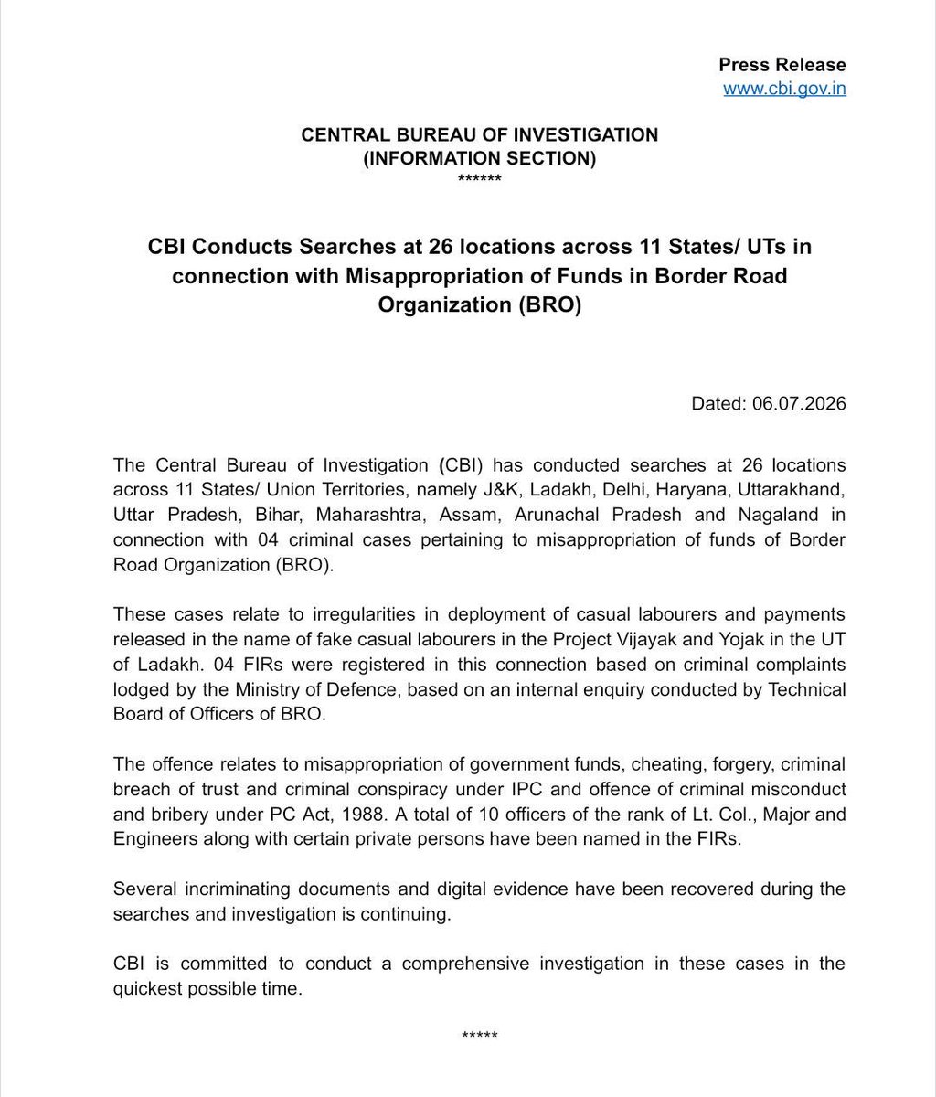 CBIHeadquarters's tweet photo. CBI Conducts Searches at 26 locations across 11 States/ UTs in connection with Misappropriation of Funds in Border Road Organization (BRO) https://t.co/bBBmxWFQVZ