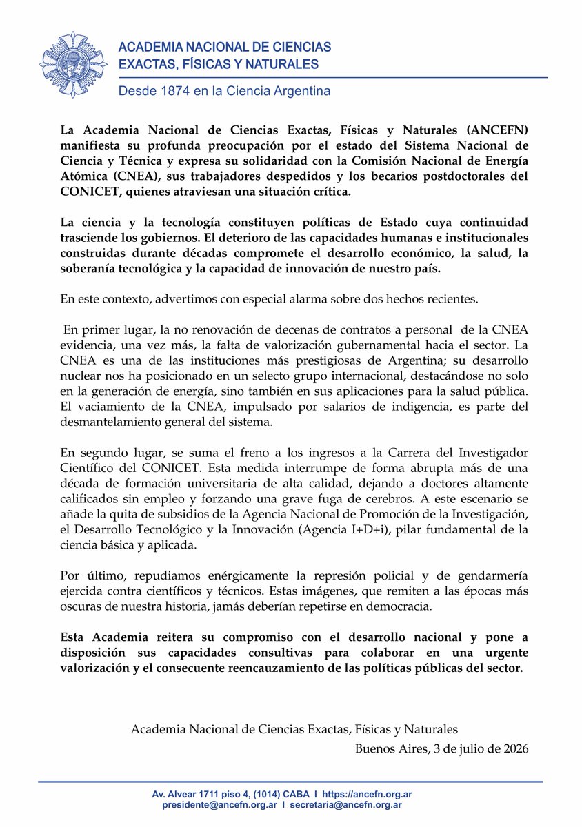 AncefnA's tweet photo. Declaración de la Academia Nacional de Ciencias Exactas, Físicas y Naturales (ANCEFN) sobre el estado del Sistema Nacional de Ciencia y Técnica y sobre la crítica situación que atraviesa la Comisión Nacional de Energía Atómica (CNEA).
@CNEA_Arg https://t.co/6ClKDkcUkL