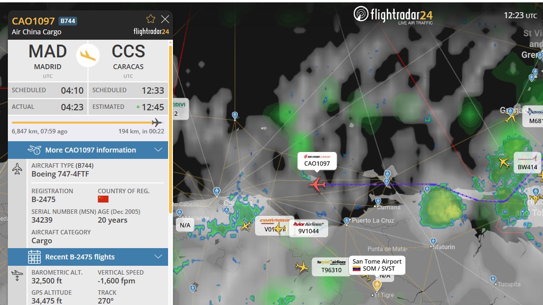 PCazador2021's tweet photo. #LoUltimo 🇻🇪🇨🇳Aeronave Boeing B747 Air China Cargo con 80 toneladas de ayuda para el terremoto, China despachó su primer lote de ayuda humanitaria a la Venezuela afectada por el terremoto, como parte de un compromiso de ayuda de 100 millones de yuanes. https://t.co/i5cUVAAYTw