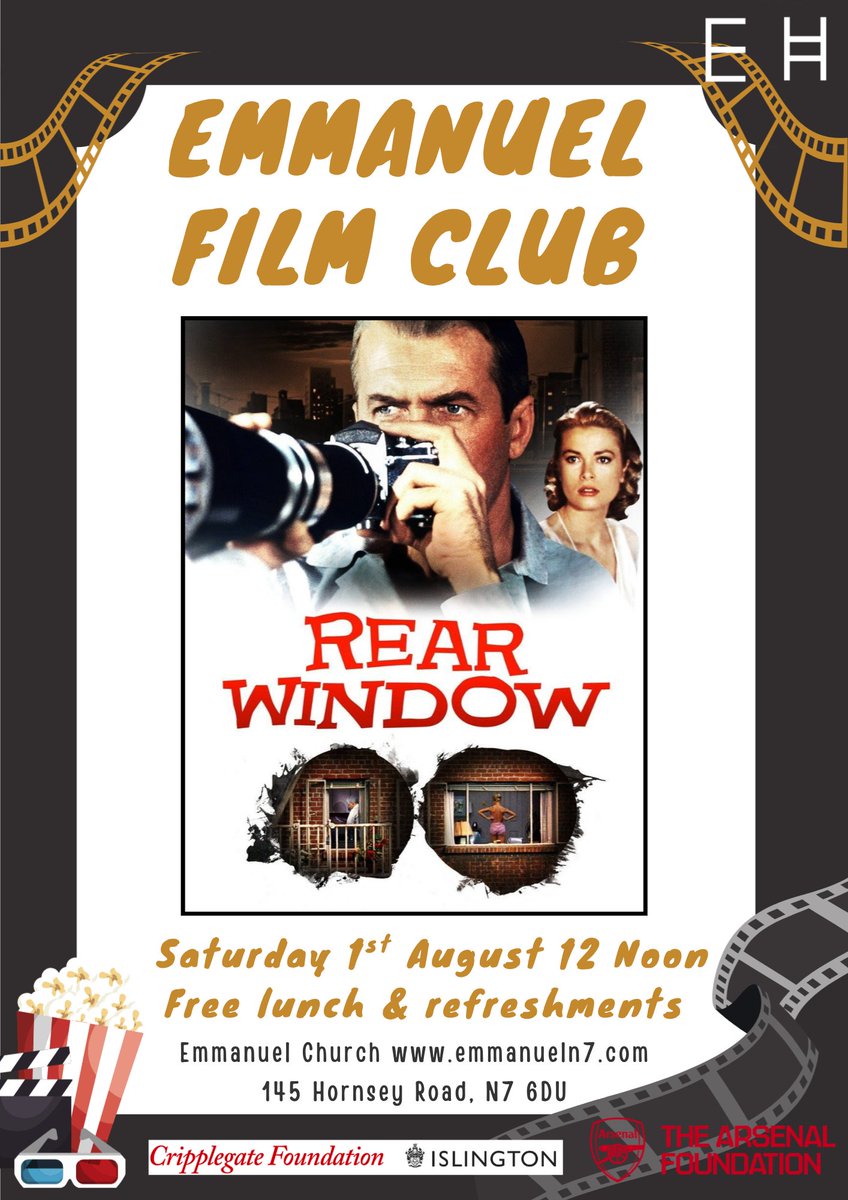 N7_Emmanuel's tweet photo. 🎬 Emmanuel Film Club 1st Aug! 
10am Kids: Hoppers 🍿 
12 noon Classic: Rear Window 🎥 
FREE hot dogs, burgers, popcorn, drinks &amp; more! 
Everyone welcome. 
First Saturday of every month. 
Next: 1 Aug. 
145 Hornsey Rd N7 
https://t.co/12cN69DSvu https://t.co/GbJcKPi5Ul