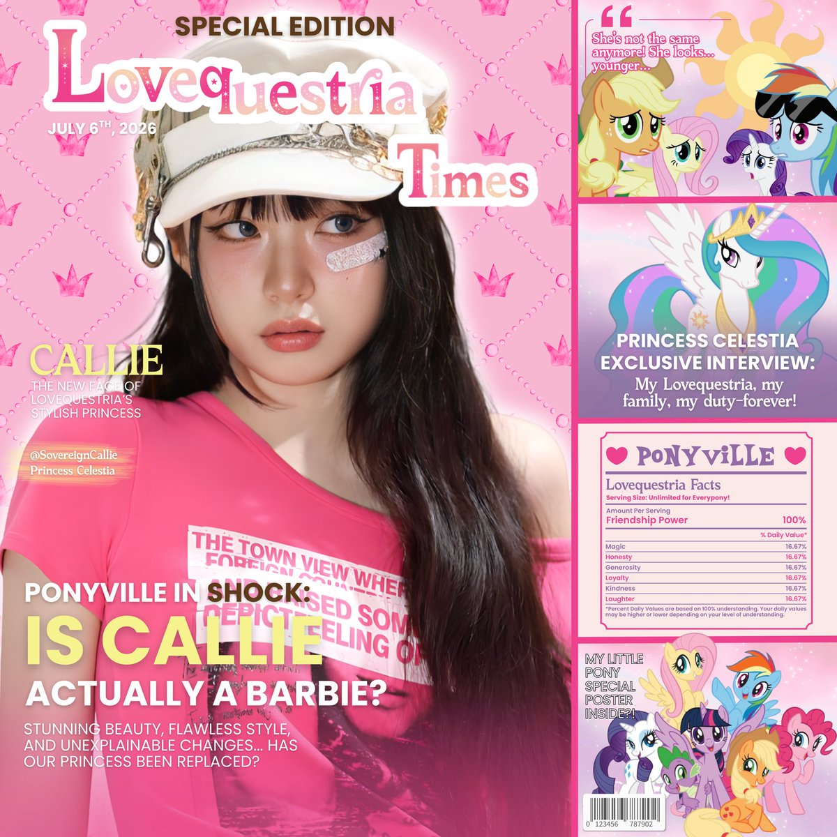 Lovequestria's tweet photo. wielding the faceclaim of park jiwoo and princess celestia, she serves as the kingdom's aestheticianㅡbringing colors to the kingdom with her mesmerizing edit. her presence speaks of elegance with a bit of humor, just like barbie. heard a rumor that she was part barbie? this princess uses propercase and despite being elegant, she is easy-going. ִֶָ𓃠.