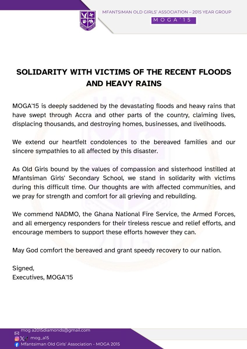 mog_a15's tweet photo. MOGA'15 sends our heartfelt condolences to all who have lost loved ones and property. We stand together with the affected communities and salute NADMO, the Fire Service, and the Armed Forces for their heroic rescue efforts.

#MOGA15 #AccraFloods #Ghana #Mfantsiman #PrayersUp https://t.co/szCxDr15qz