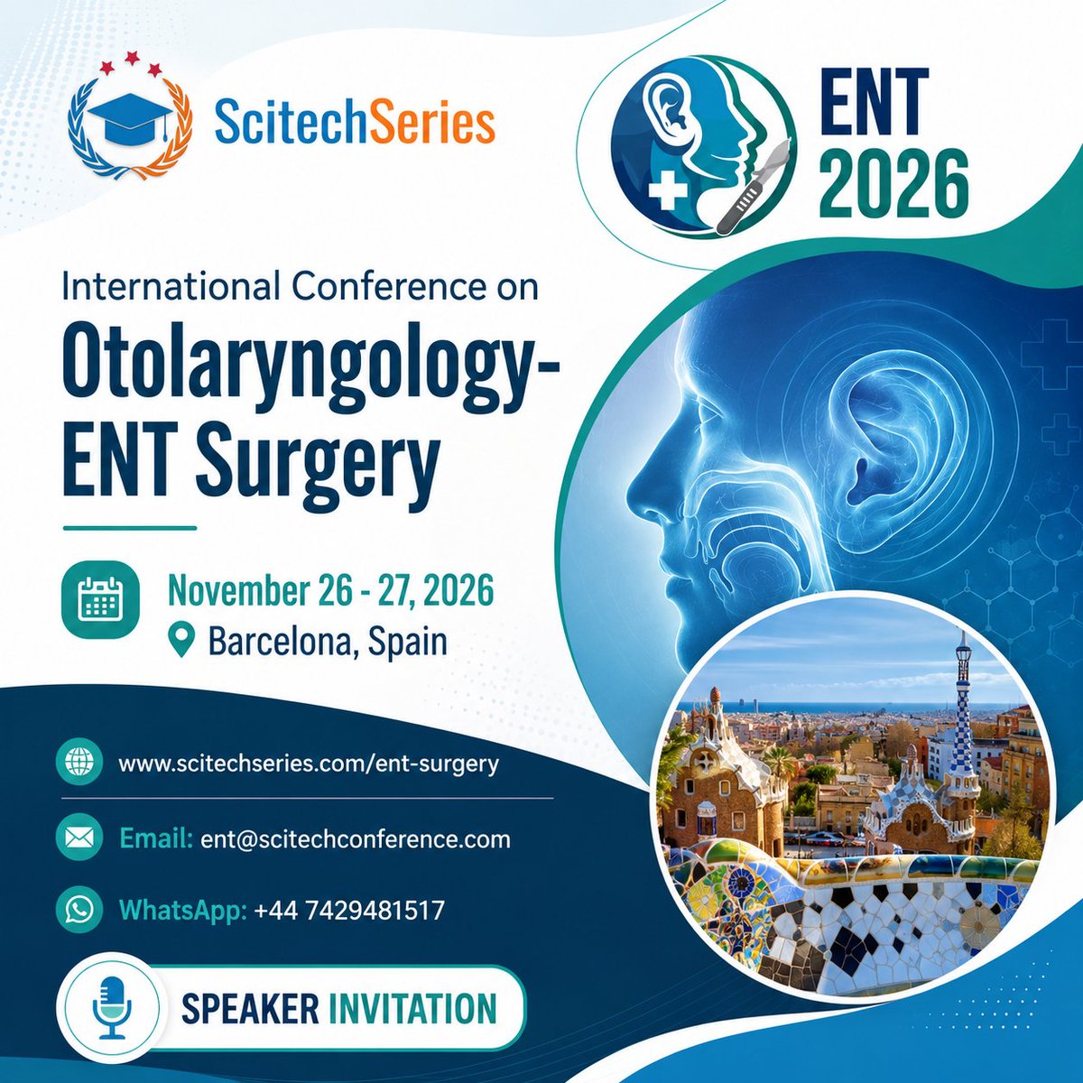 jackthomas7674's tweet photo. 🩺 Speaker Invitation – ENT 2026 | November 26–27, 2026 | Barcelona, Spain
🌐 Conference Website: https://t.co/jXl85Z9ObT
#ENT2026 #Otolaryngology #ENTSurgery #HealthcareConference #MedicalConference #Audiology #HeadAndNeckSurgery #Barcelona #ENTSpecialists @ScitechSeries https://t.co/neeKrjWXbI