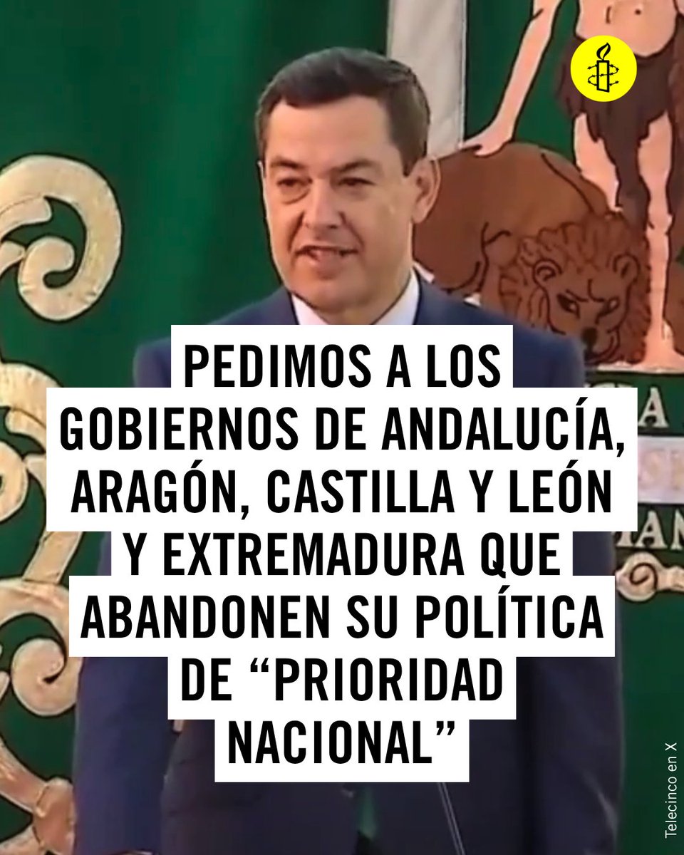 amnistiaespana's tweet photo. Pedimos a Andalucía, Aragón, Castilla y León y Extremadura abandonar la “prioridad nacional” por violar al menos tres derechos humanos e incrementar el racismo y la xenofobia: https://t.co/CJIH3VhmVZ. 💛 Nuestra prioridad nacional son los derechos humanos. https://t.co/bITOja4jOi