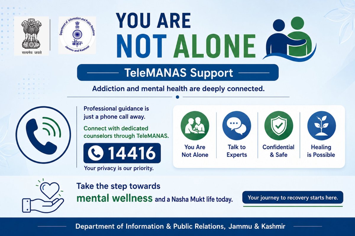 CentreDoda's tweet photo. A single conversation can change a life. TeleMANAS offers confidential mental health support and guidance for those facing addiction and emotional challenges.
Call 14416 and take the first step towards healing.
#TeleMANAS #MentalHealth #NashaMuktBharat https://t.co/WsBZLC2RBw