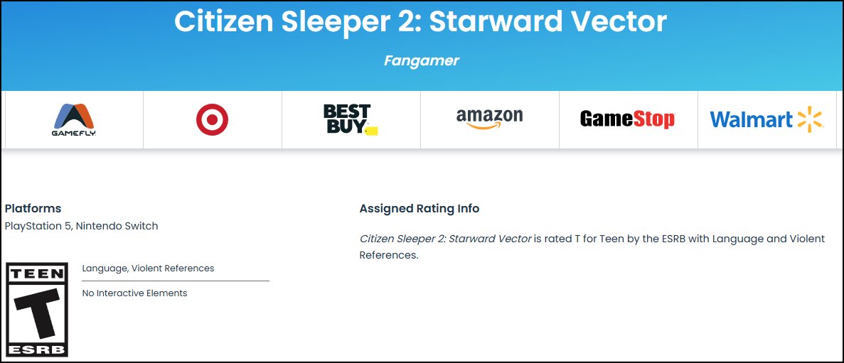 brainwabrain's tweet photo. Citizen Sleeper 2: Starward Vector receives an ESRB rating for PS5 and Nintendo Switch. This is for the physical edition from Fangamer. https://t.co/vndOcXh1jO