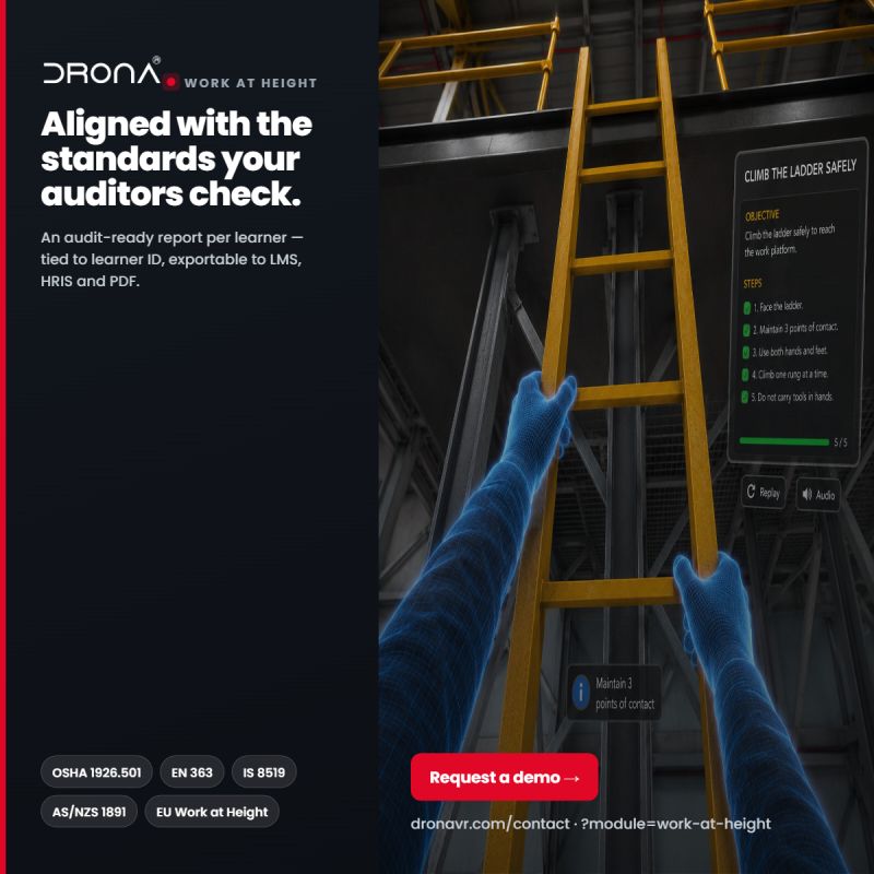 dronavr's tweet photo. Working at heights requires skill, awareness, the right training.
Drona VR's Work at Height Safety module helps workers identify hazards, practice safe procedures, stay compliant through immersive VR training.
https://t.co/KAJIw9N33e
#WorkAtHeightSafety #VRTraining #Drona #VR https://t.co/XNc1QgCnWp