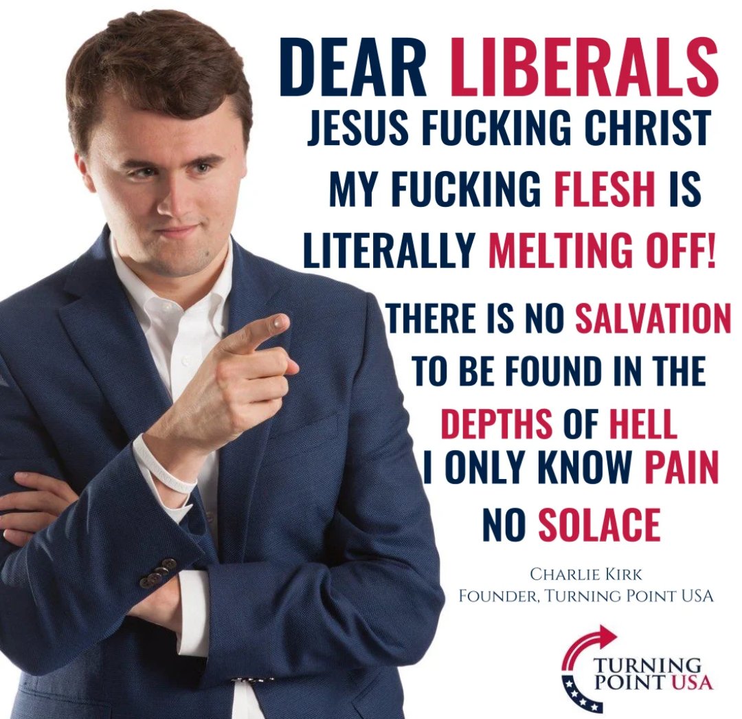 __flurb__'s tweet photo. @Norse192552 @Wokey386579 @insanefrog @PopBase The people getting fired over Kirk jokes and the national day of Kirk mourning and the hordes of idiots that do get angry about Kirk jokes, all seem like some people do care about Kirk.

Meanwhile he's slowly getting spit roasted in the deepest depths of Satan's butthole https://t.co/GUr0TGtZpT