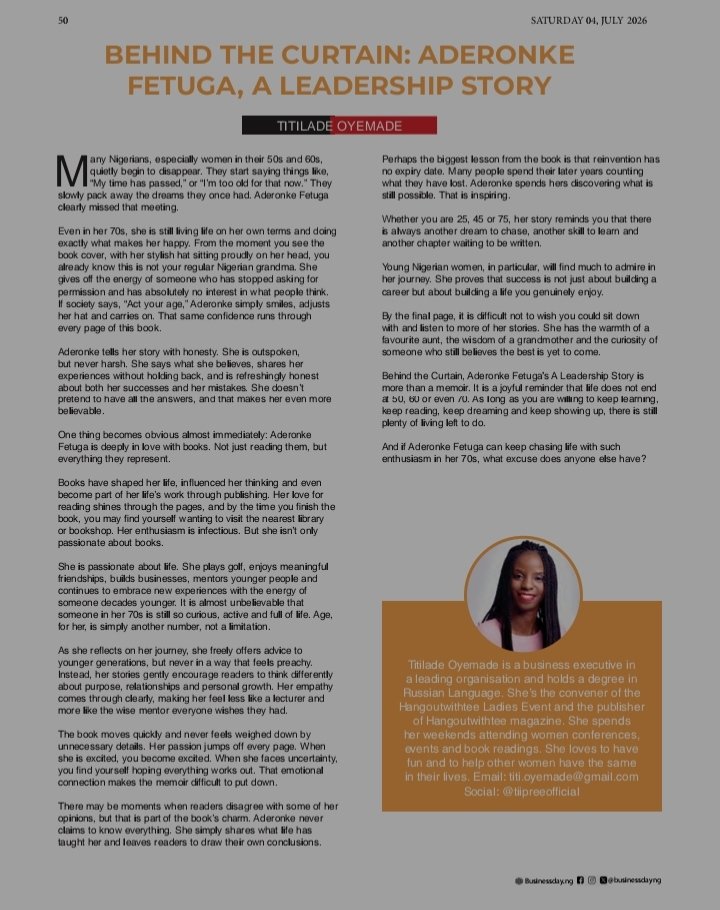 tiiPREE's tweet photo. Title: Behind the Curtain: Aderonke Fetuga, A Leadership Story
Year of Publication: 2025
Number of Pages: 115
Category: Self Help
Go here to read the review:
https://t.co/baDWN0pyrB https://t.co/TJ1mhRpaVk