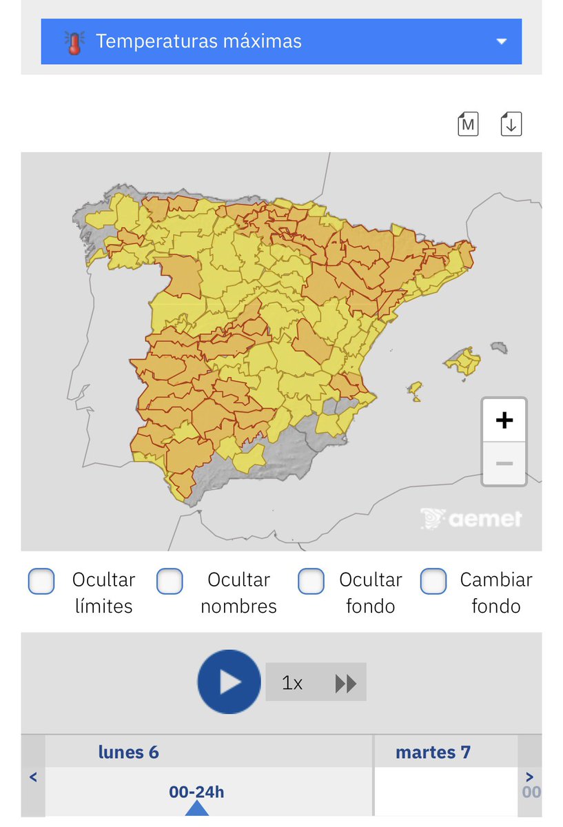 meteo_tetuan's tweet photo. Los #avisos se extienden hoy, amarillos y naranjas, por buena parte del país, por temperaturas máximas. Mañana martes se generalizan aún más y aparecen #avisosrojos🟥por calor, pero también se activan avisos por tormentas, como mañana en metropolitana y Henares, desde las 14;00⚠️ https://t.co/ApWFqUzzFG