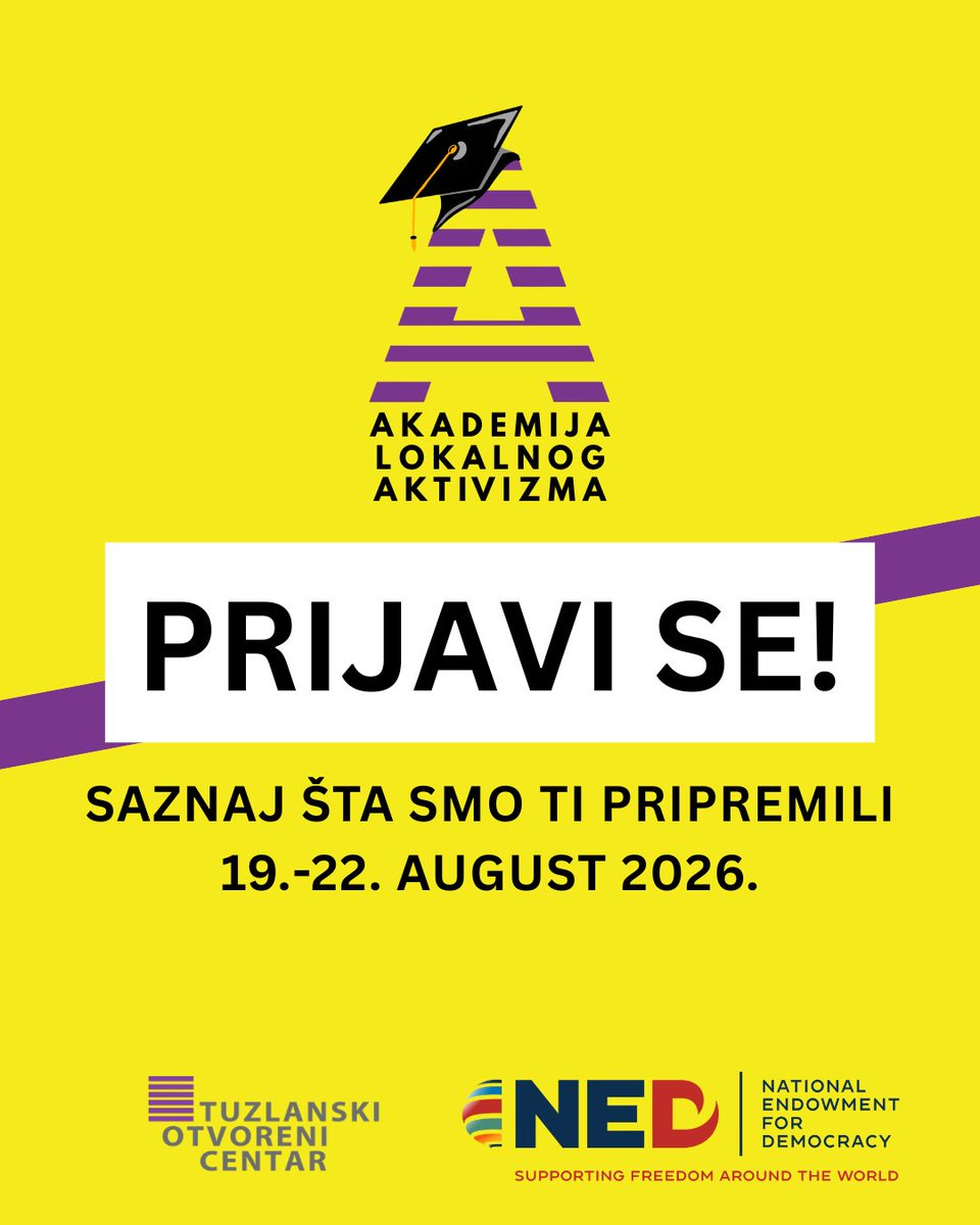toc_tuzla's tweet photo. 📣 Prijavi se na Akademiju lokalnog aktivizma!

📍 Prvi modul: 19–22. august 2026.
📍 Drugi modul: novembar 2026.

Troškovi smještaja, hrane i prevoza su pokriveni. Smještaj je obezbijeđen za učesnike/ce koji/e dolaze van Grada Tuzla.

Prijavi se: https://t.co/K8ckiRcfzI https://t.co/V1cfruv1yL