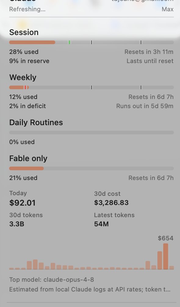 mrflygerian's tweet photo. @markessien I used CodexBar to see what my Fable (and other models) usage will cost if it was tokenized and it's scary.  

Once the model becomes pay per usage, I am moving to codex https://t.co/W1El1ENG52