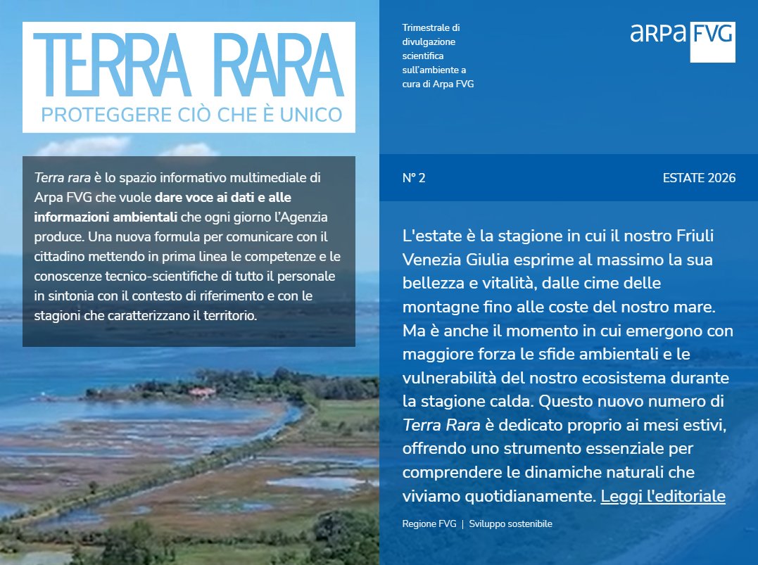 ARPAFVG's tweet photo. 🌱 È online il 2° numero di Terra Rara, la pubblicazione trimestrale di #ArpaFVG che racconta l’ambiente attraverso dati, analisi e approfondimenti.
🌊 ☀️ Il secondo numero è incentrato sui tipici temi estivi. Leggi ▶️ https://t.co/eOjmo6NwVu https://t.co/SVECNbYFeG
