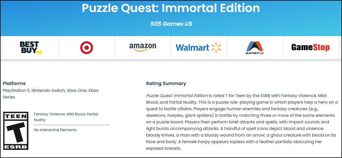 brainwabrain's tweet photo. Puzzle Quest: Immortal Edition receives an ESRB rating for PS5, Nintendo Switch, Xbox One, and Xbox Series. This is probably for the physical edition that is suppose to ship by the end of September. https://t.co/BFQPtbOfh2