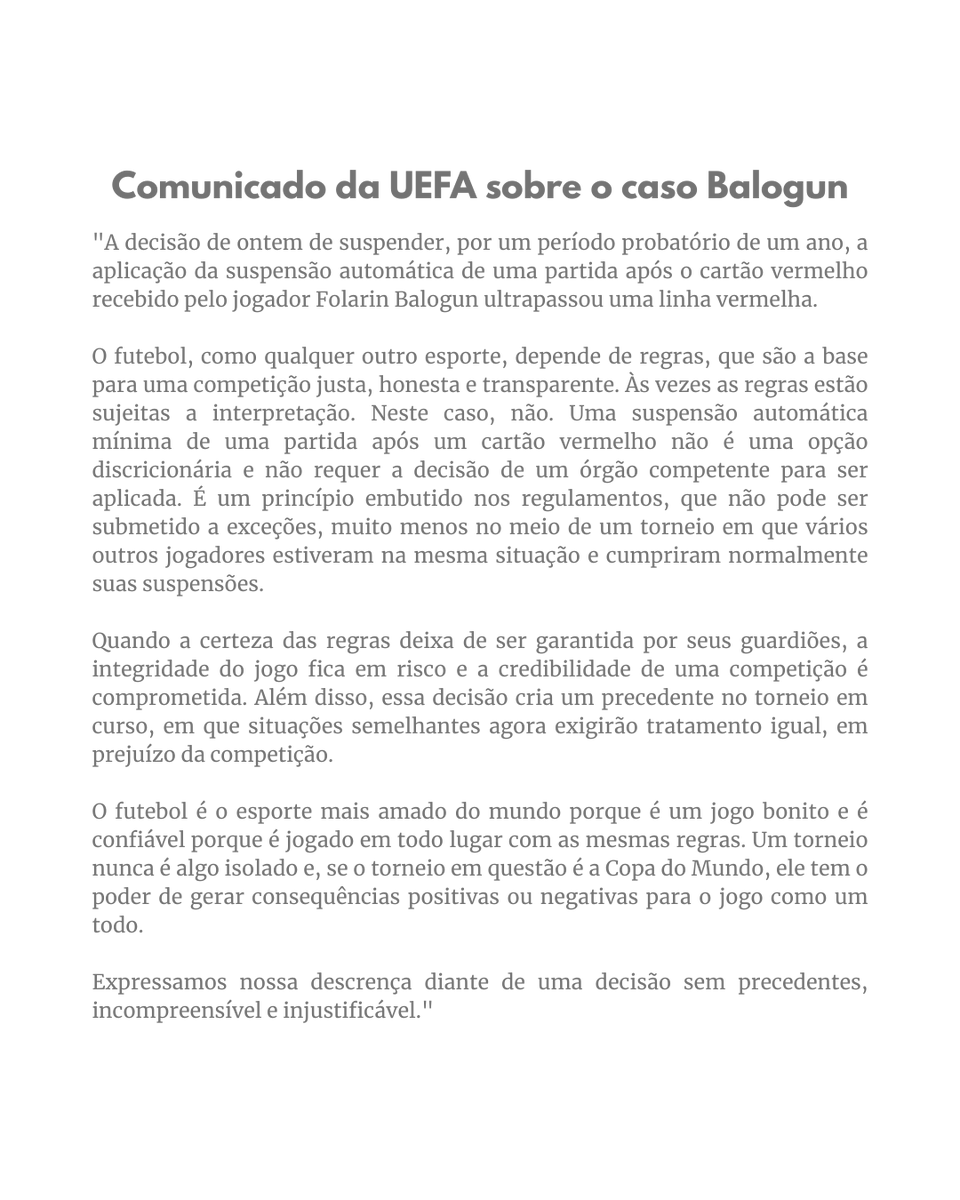 eixopolitico's tweet photo. 🇪🇺 UEFA diz que FIFA “cruzou a linha vermelha” ao anular a suspensão dada pelo cartão vermelho ao jogador americano Balogun.

Em nota, entidade classificou a decisão como “incompreensível e injustificável”. “Quando a certeza das regras deixa de ser garantida por seus guardiões, a integridade do jogo está em risco”, afirmou.