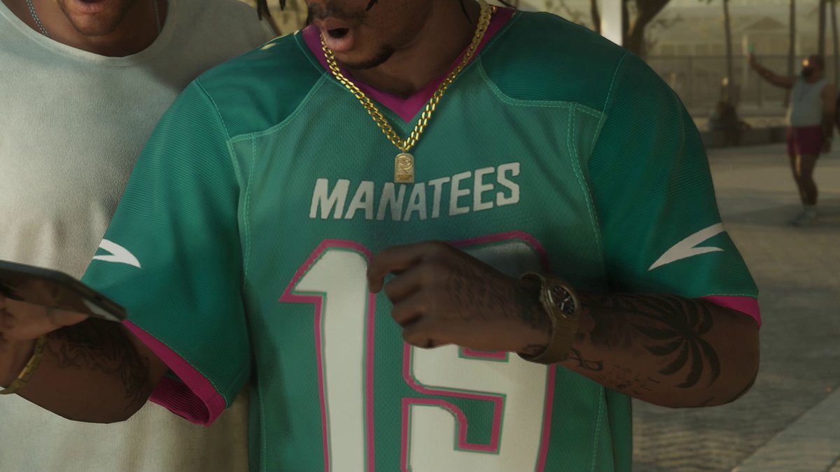 GTAWikiOfficial's tweet photo. The cover girl in the GTA 6 cover art is wearing a jersey of the Vice City Manatees, GTA 6's version of the Miami Dolphins. 🏈

They play in what is likely called the American Football Federation (AFF), the GTA equivalent of the NFL. Their jersey was first revealed in Trailer 2. https://t.co/BD1Y5HRtL7