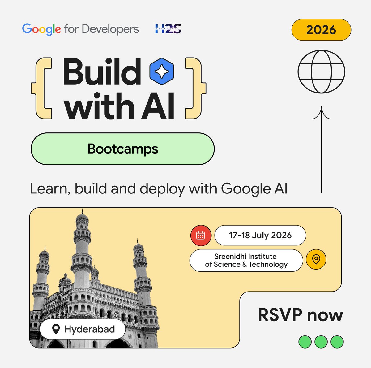 hack2skill's tweet photo. 🚀 Hyderabad, get ready to build with AI!

Join the Build with AI Bootcamp 2026 by Google for hands-on learning, real-world AI workflows, and innovation. 🤖💡

📍 Hyderabad
📅 17–18 July 2026
🏫 Sreenidhi Institute of Science &amp; Technology

🎟️ RSVP now!
🔗 https://t.co/mN17cclkaK https://t.co/5RjN42co69