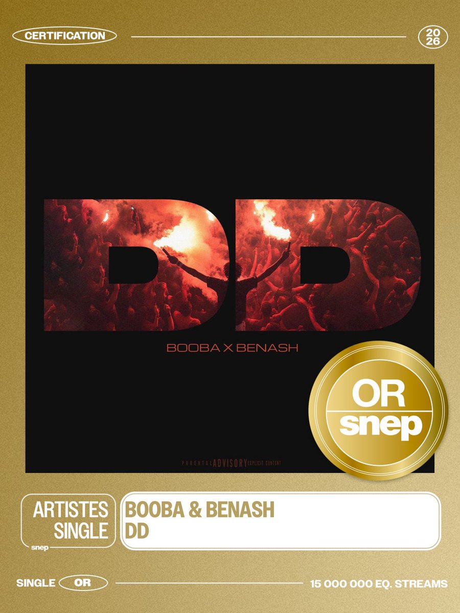 snep's tweet photo. Le titre « DD » de Booba &amp; Benash est certifié Single Or ! 📀

15 000 000 équivalents streams 🎧

Bravo ! 👏 https://t.co/FSdEb5xhGB