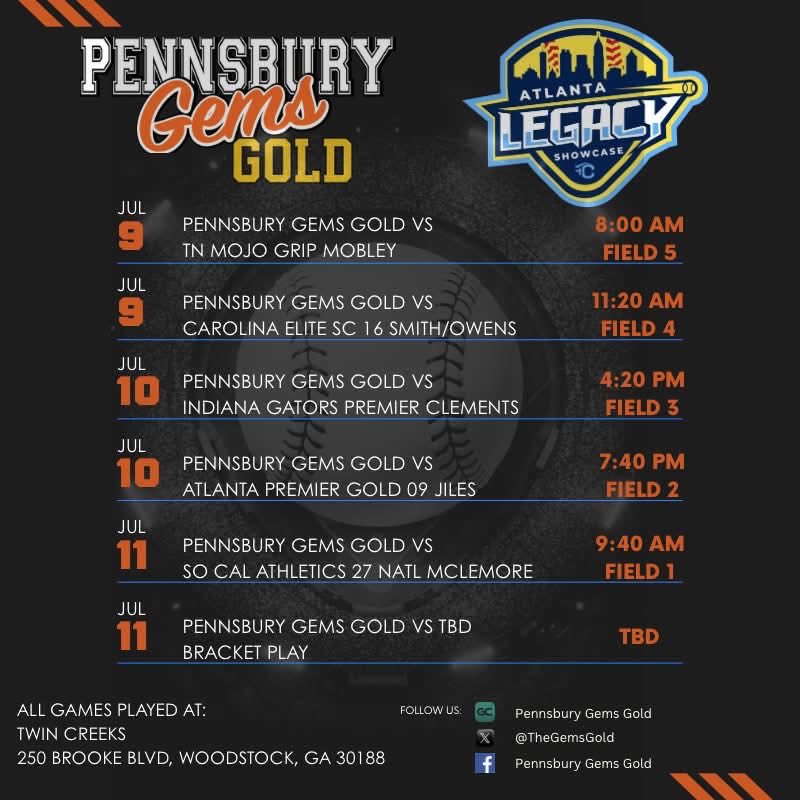 LivBrodzinski's tweet photo. Excited to travel to Georgia this week for the Atlanta Legacy Showcase with Pennsbury Gems Gold! Looking forward to competing against great talent and the opportunity to play in front of college coaches. Schedule drop below: https://t.co/vIN5bm3985