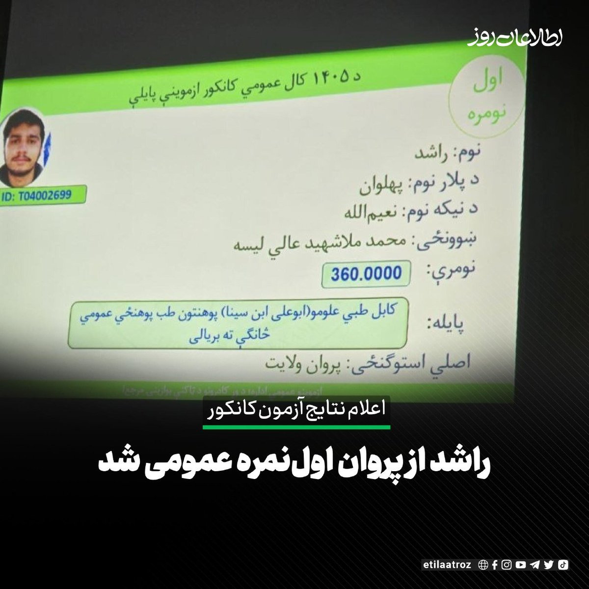 Etilaatroz's tweet photo. اداره‌ی ملی امتحانات که اکنون تحت کنترل طالبان است، نتایج آزمون کانکور سال ۱۴۰۵ را که برای چهارمین سال متوالی بدون حضور دختران برگزار شده بود، امروز (دوشنبه، ۱۵ سرطان) اعلام کرد.

براساس اعلام این اداره، راشد، فرزند پهلوان از ولایت پروان با کسب ۳۶۰ نمره، اول‌نمره عمومی شده و به دانشگاه طبی کابل راه یافته است.

عبدالباقی حقانی، رییس طالبان برای اداره‌ی ملی امتحانات گفت که راشد اولین نفر است که ۳۶۰ نمره در آزمون کانکور گرفته است.
https://t.co/o5xD8dInL8
