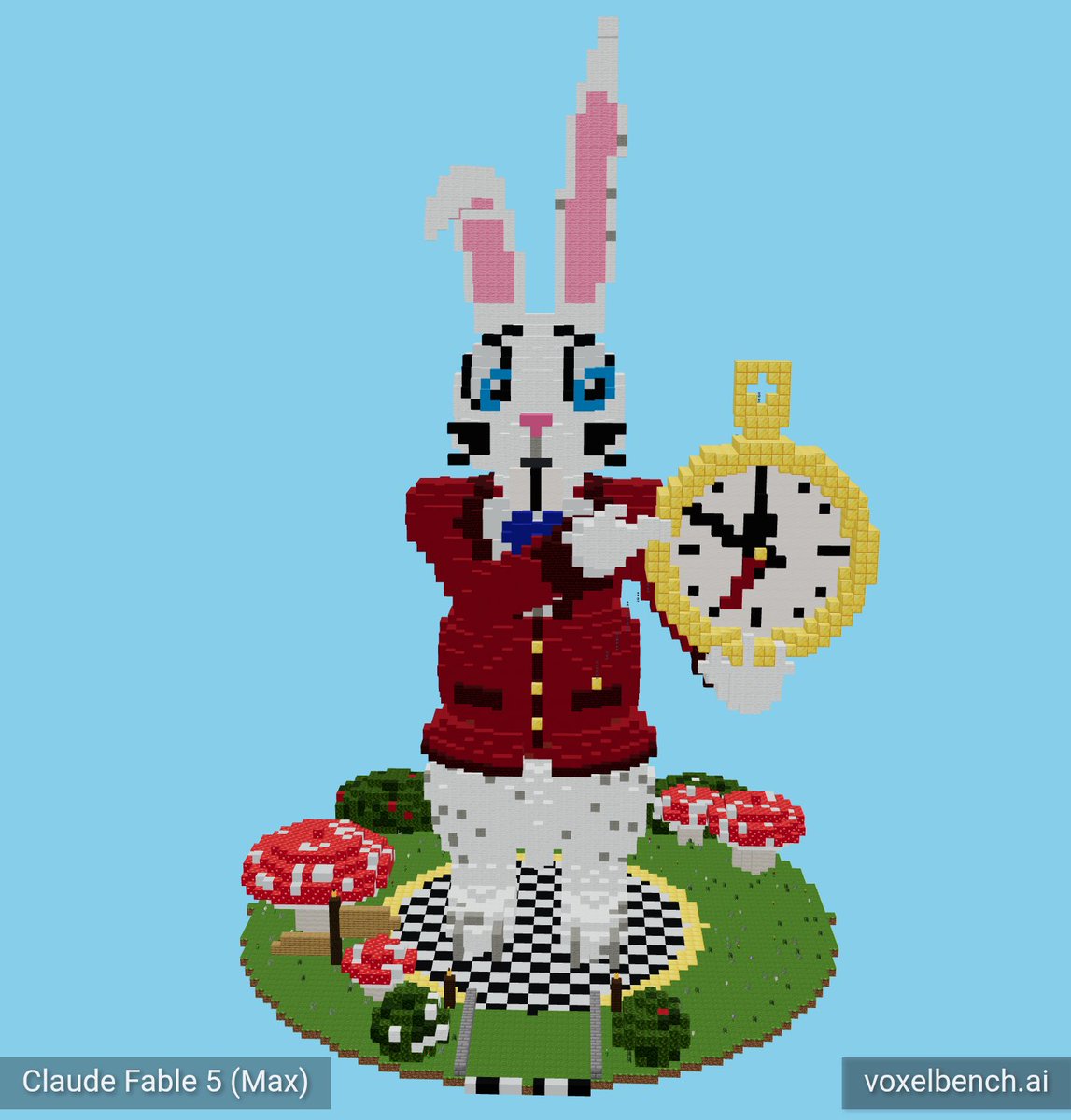 voxelbench's tweet photo. Claude Fable 5 (Max)

> A Rabbit in a dress shirt and blazer pointing at the minute hand of a pocket watch. https://t.co/mF0W1CD6p6