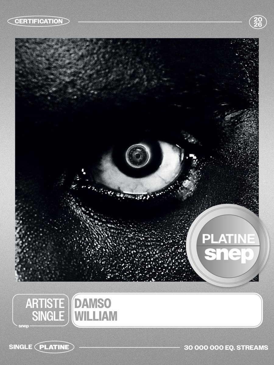 snep's tweet photo. Le titre « William » de Damso est certifié Single Platine ! 💿

30 000 000 équivalents streams 🎧

Bravo ! 👏 https://t.co/GMm55wojyO