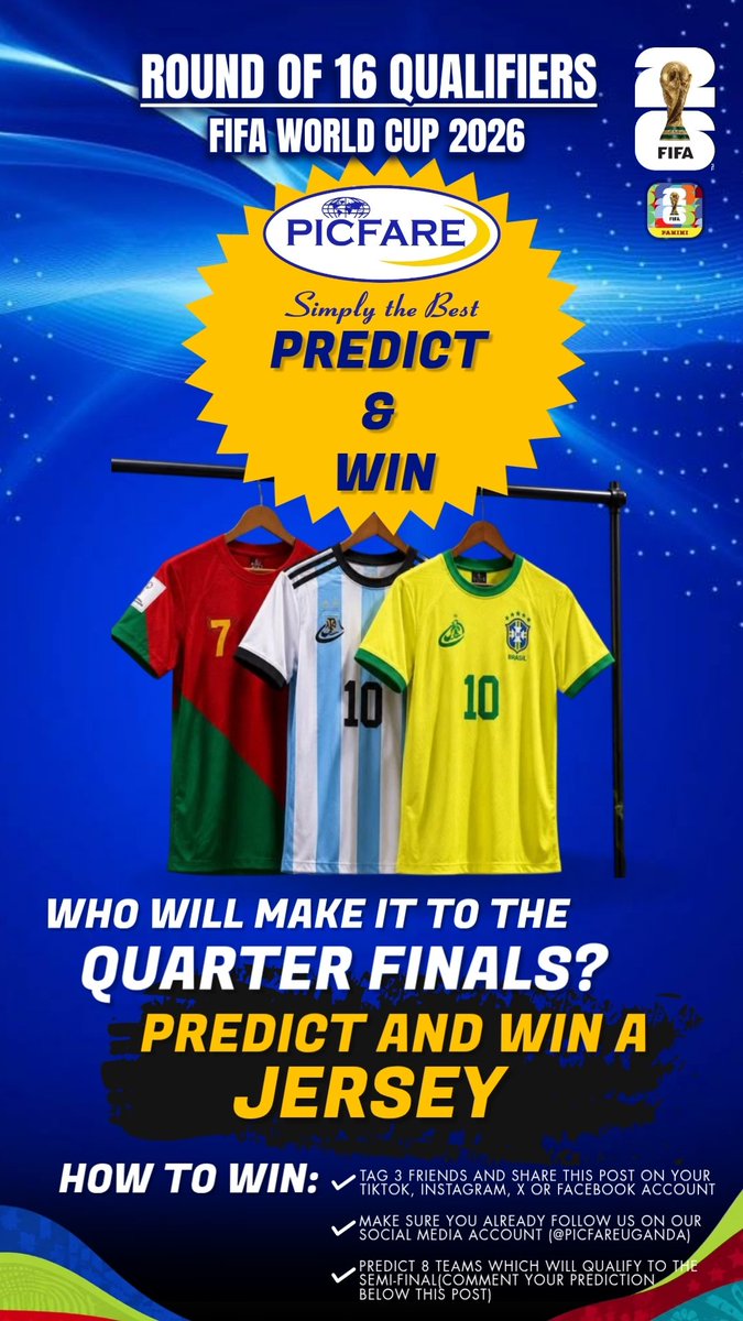 Picfare_Group's tweet photo. ⚽ PREDICT &amp; WIN with Picfare 🏆
Round of 16 is locked in.🔐
Who’s making it to the Quarter Finals? 💬Drop your FINAL 8 below👇🏾
👥Tag your people &amp; Repost 🤝
📲 Follow Us on all platforms 
➡️@picfareuganda
Let’s see who gets it right.
16 teams. 8 spots. One shot.
#PredictAndWin https://t.co/iq2sN41zDc