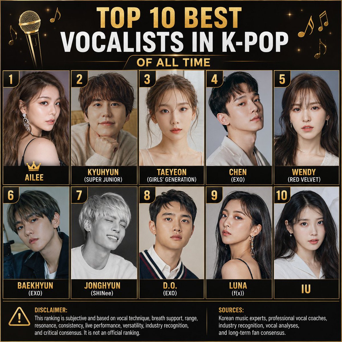 factualindexx's tweet photo. 🎤 Top 10 Best Vocalists in K-Pop (All Time)

1. Ailee 👑
2. Kyuhyun (Super Junior)
3. Taeyeon (Girls' Generation)
4. Chen (EXO)
5. Wendy (Red Velvet)
6. Baekhyun (EXO)
7. Jonghyun (SHINee)
8. D.O. (EXO)
9. Luna (f(x))
10. IU

⚠️ Disclaimer: This ranking is subjective and based on vocal technique, breath support, range, resonance, consistency, live performance, versatility, industry recognition, and critical consensus. It is not an official ranking.

Sources: Korean music experts, professional vocal coaches, industry recognition, vocal analyses, and long-term fan consensus.