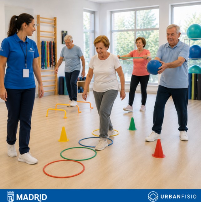 UrbanFisio's tweet photo. En el Programa de Fisioterapia Preventiva en los Centros Municipales de Mayores del Ayuntamiento de Madrid, un circuito con conos, aros y obstáculos entrena equilibrio, coordinación y fuerza. Cada persona avanza a su ritmo, con guía profesional. https://t.co/H5SZObkfs6