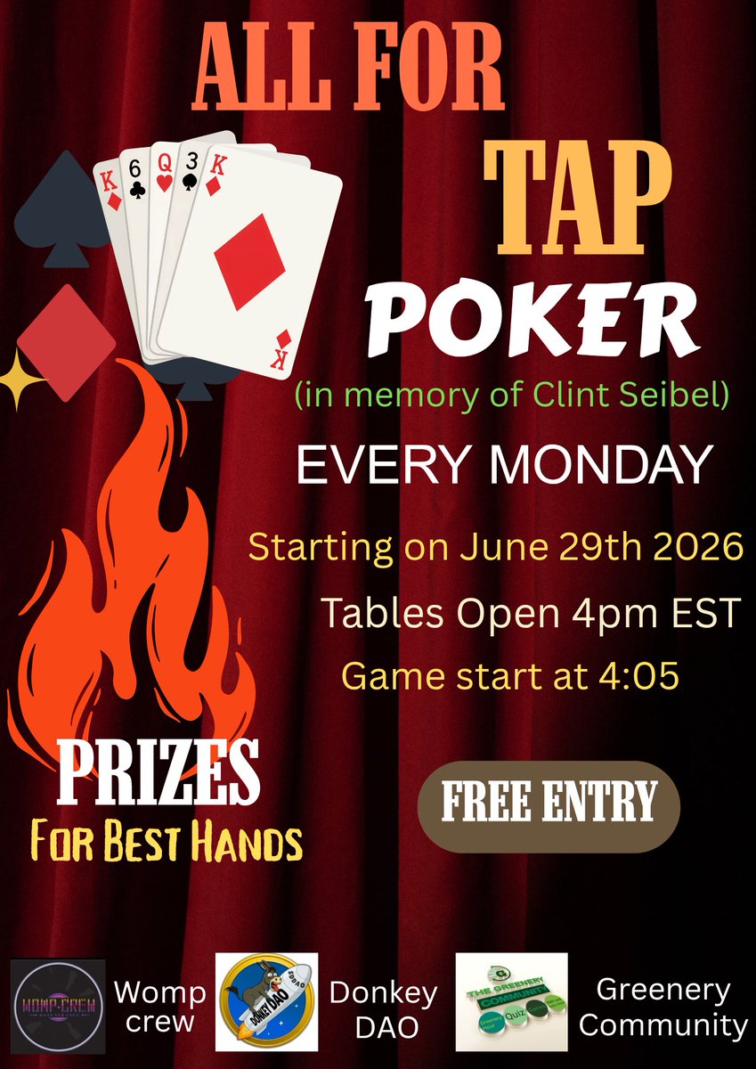 GreeneryTeam's tweet photo. All For Tap Poker #002

Tables open at 4pm EST 
 
Poppin Eels
2nd Prize: 5000 $DDA0
3rd  2500 $DDAO

100 $khaa as bounty for whoever eliminates Vulture

 Join Discord to claim prizes here 

https://t.co/V1sNtspypN

https://t.co/7gRbKwDxSw

 Poker link: https://t.co/KDX6b9XzqU https://t.co/Nk3UYlyDu8