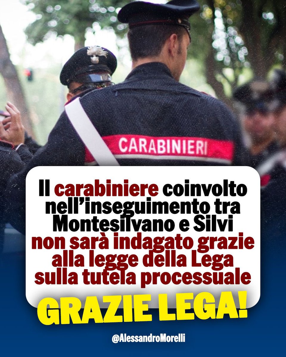 AMorelliMilano's tweet photo. Un altro risultato concreto della Lega per la tutela delle nostre Forze dell’Ordine. Il carabiniere coinvolto nell’inseguimento tra Montesilvano e Silvi non sarà indagato grazie alla norma sulla tutela processuale introdotta con il Decreto Sicurezza voluto dalla Lega.

Chi ogni giorno rischia la vita per difendere i cittadini deve essere messo nelle condizioni di fare il proprio lavoro. Avanti così!
#sicurezza #forzedellordine #crimine #lega #governo