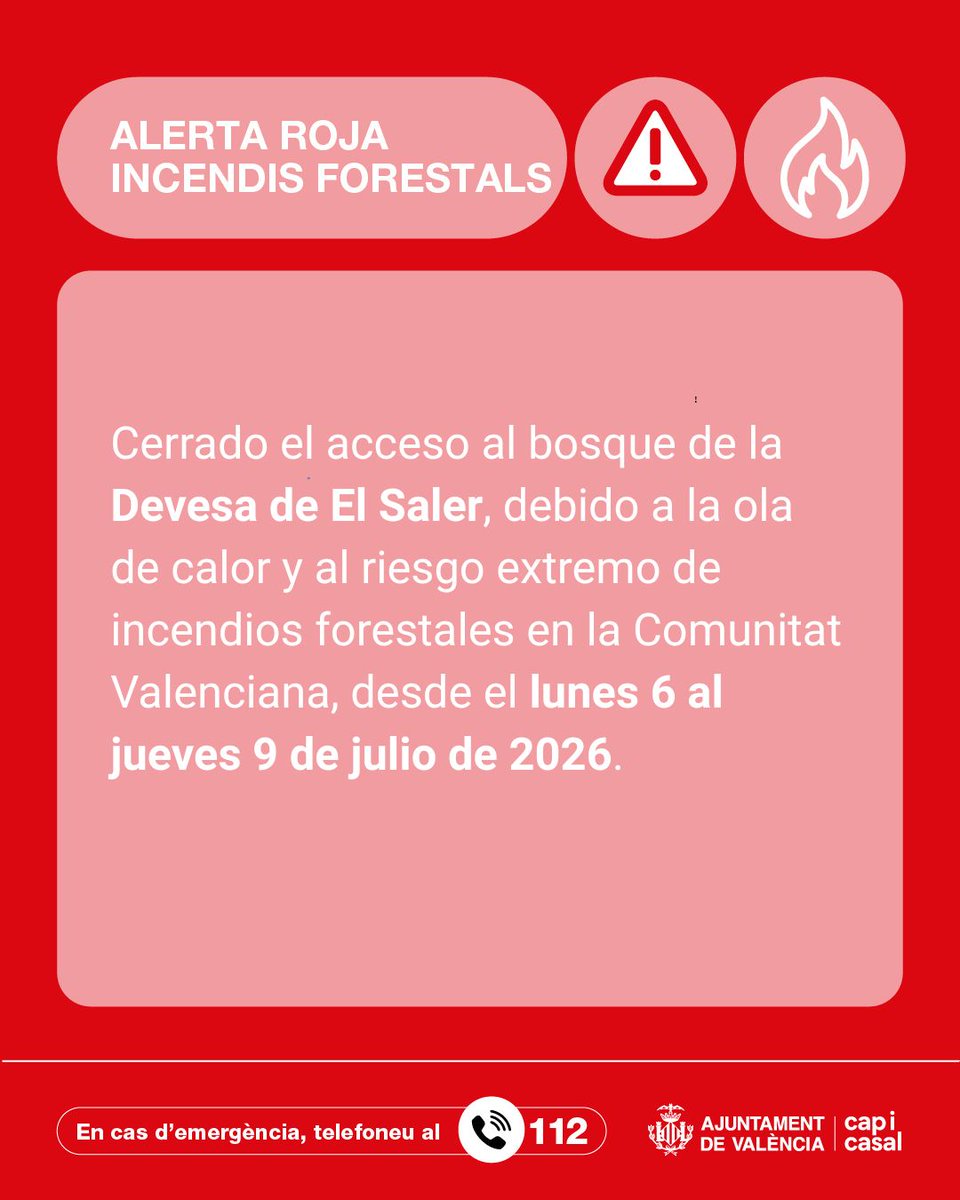AjuntamentVLC's tweet photo. ⚠️Ante el cierre de los parques naturales decretado por @GVA112, por riesgo extremo de incendios🔥, no se puede acceder a la 🚫 zona forestal del bosque de la @DevesaAlbufera.

🚔@policialocalvlc está cerrando los accesos, a excepción de las zonas de viviendas y playas.

➡️Consulta las medidas adoptadas desde hoy lunes hasta el jueves 9 de julio.
