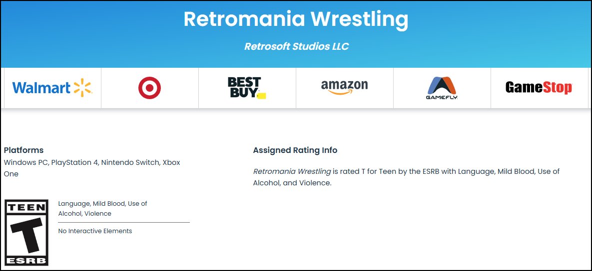 brainwabrain's tweet photo. Retromania Wrestling receives an ESRB rating for PC, PS4, Nintendo Switch, and Xbox One. There hasn't been anything announced, so maybe more DLC is coming? There is a patch announced that will update attract mode. https://t.co/IzUJuWU24n