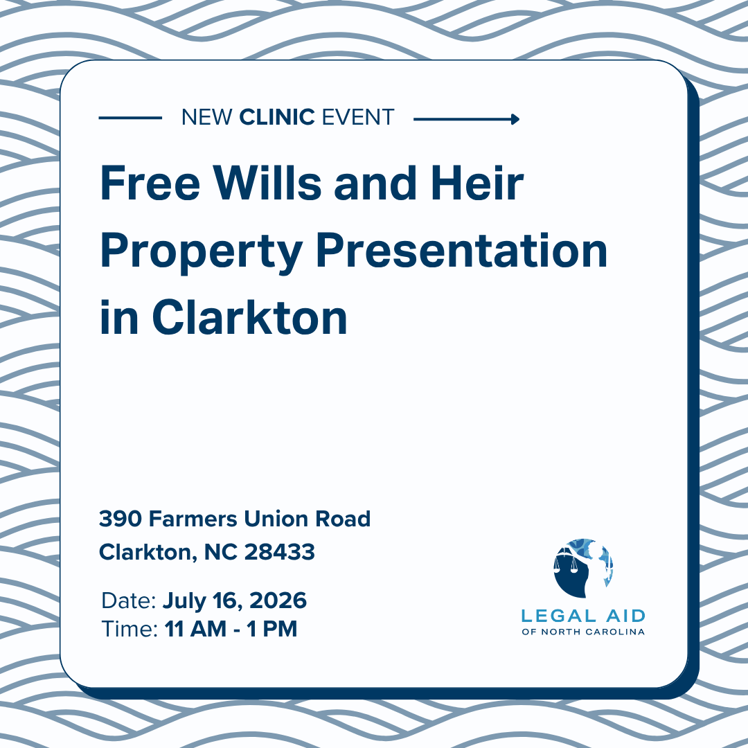 DRPLegalAidNC's tweet photo. Looking to learn more about heir property? Join Legal Aid of NC's Disaster Relief Project for a free presentation on July 16th in Clarkton. Learn about these upcoming events and more at https://t.co/IQUMAd1iNa
#legalaid #northcarolina #heirpropertysupport #clarkton https://t.co/PeaXh1fnQH