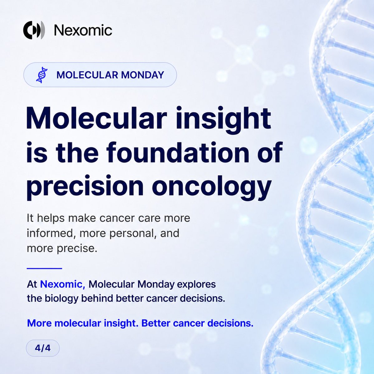 Nexomic_'s tweet photo. Molecular Monday — Part 1 

What does “molecular” mean in cancer care? 

At Nexomic, we’re breaking down the science behind precision oncology, one concept at a time.

More molecular insight. Better cancer decisions.

#Nexomic #MolecularMonday #PrecisionOncology #CancerCare https://t.co/Fk5H8BQZIr