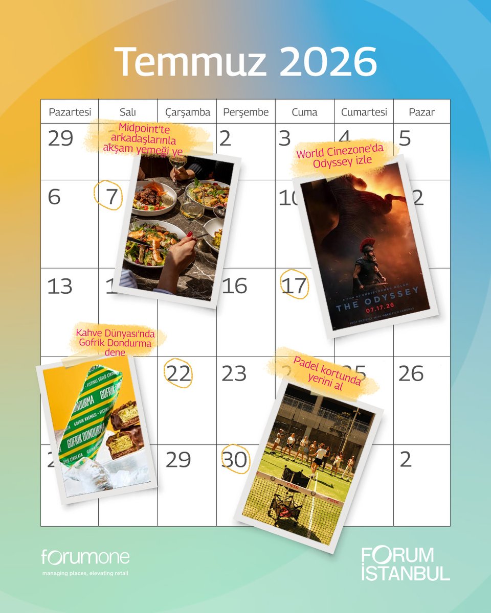 forum_istanbul's tweet photo. Temmuz planlarını biz yaptık. ☀️🍦🎬

Bu ay hangi lezzetleri denemeli, hangi etkinliklere uğramalı, nerelerde vakit geçirmeli diye düşündük ve senin için mini bir takvim hazırladık.

Bir göz at, belki ayın favori planını burada bulursun. ✨

#ForumOne #Forumİstanbul https://t.co/iFi9vqbIEL