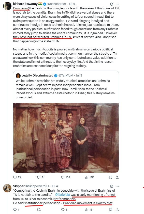SkipperScrolls's tweet photo. @MeluhhakangZ when someone - a Brahmin from some other state - says there is 'institutional' persecution on Tambrahms (did not say Tamil society persecutes Brahmins), he draws a false parallel with Kashmiri pandits and plays down what Dravidam did to TBs . https://t.co/NE3EeDS629 https://t.co/yd2S3vbSOm