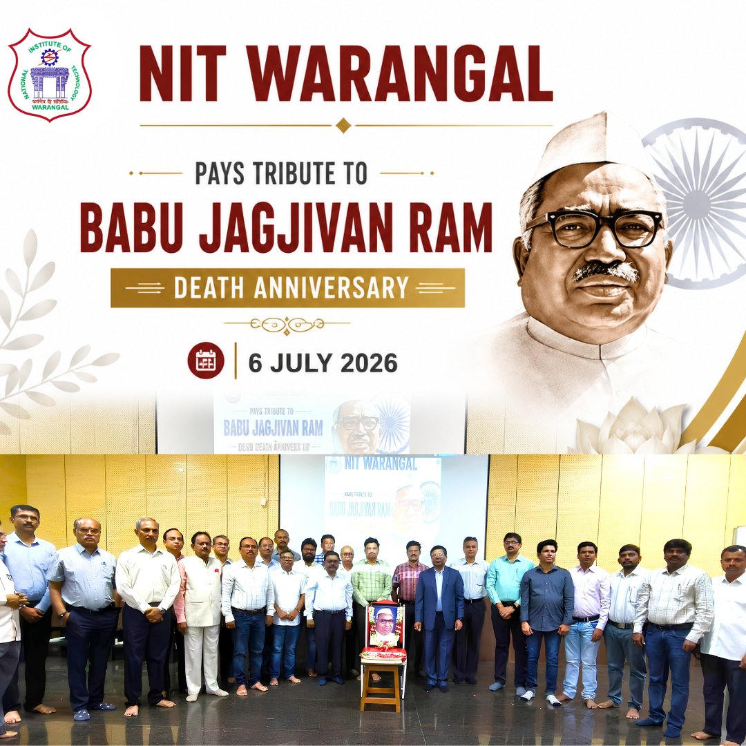 warangal_nit's tweet photo. NIT WARANGAL PAYS HOMAGE TO BABU JAGJIVAN RAM
NIT Warangal observed the death anniversary of Babu Jagjivan Ram. Director Prof. Bidyadhar Subudhi, Registrar Shri Sunil Kumar Mehta, Dean Prof. K. Kiran Kumar, and the institute fraternity paid heartfelt tributes. #NITW #NITWarangal https://t.co/GlG96m6gxj