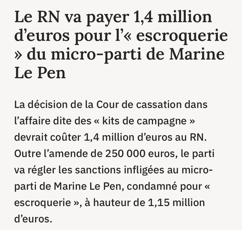 MarcGral's tweet photo. La décision attendue de l’inéligibilité n’est pas « vertigineuse ».
C’est le lot de tous les délinquants financiers de ne plus avoir le droit d’exercer leur activité pendant un certain laps de temps.
Surtout s’ils sont récidivistes comme le #RN 👇 https://t.co/MHrvDGotoi